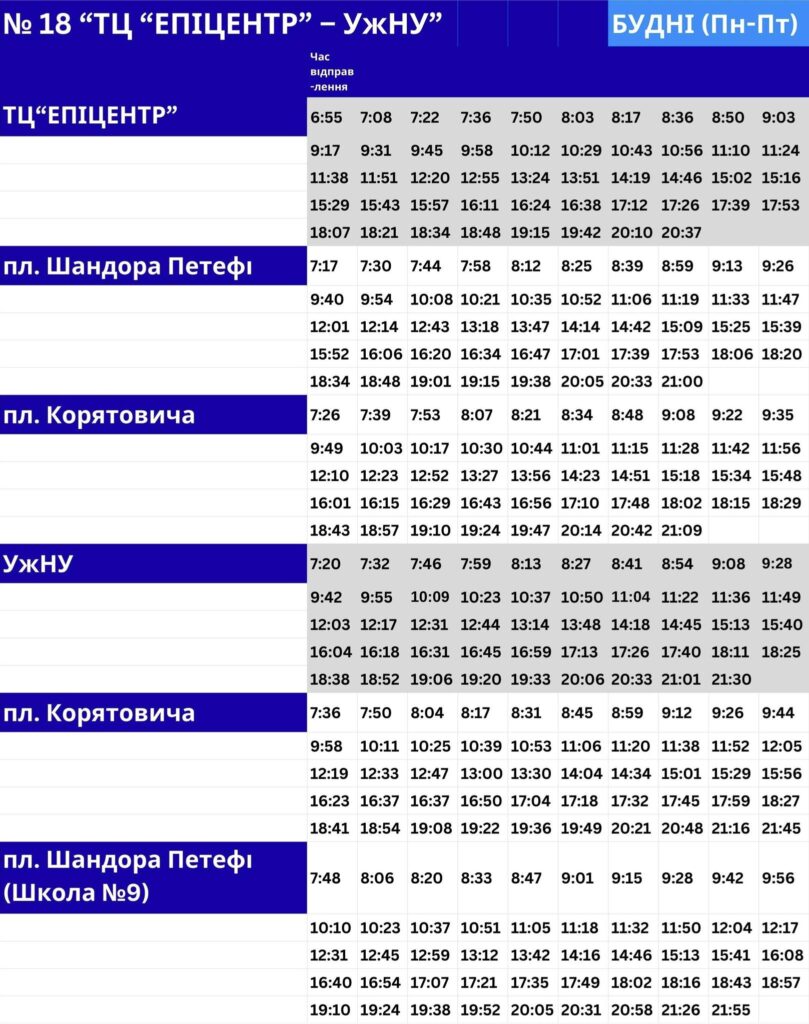 В Ужгороді автобус №18 курсує за новим графіком: що змінилося