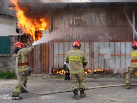 пожежники, вогонь, будівля, ворота